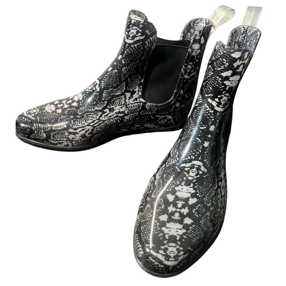 Women's Black White Snakeskin Print Chelsea Rain Boots US 9 Ankle Gumboots